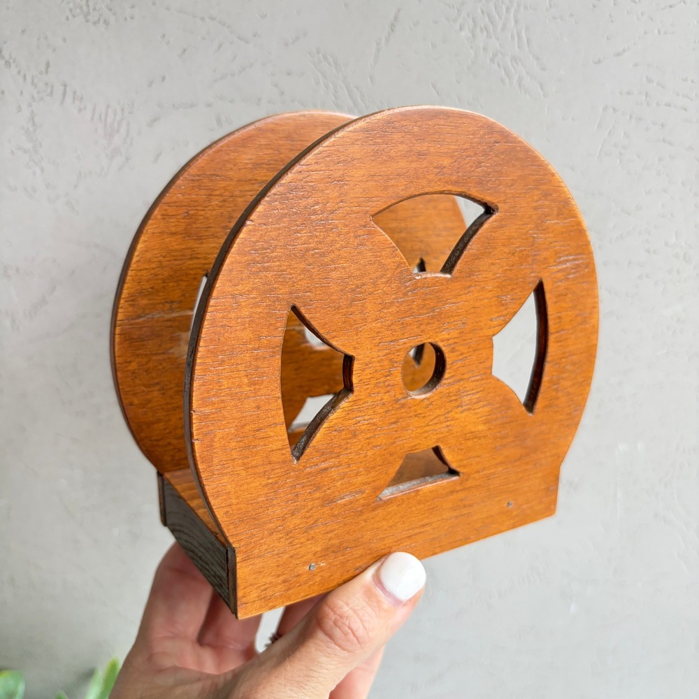 Vintage Wooden Napkin Holder Geometric Cutout Design Honey Brown Finish